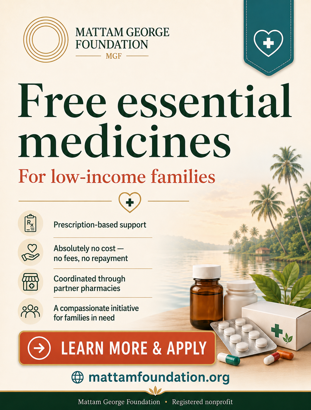 Free essential medicines for low-income families — Mattam George Foundation programme flyer
